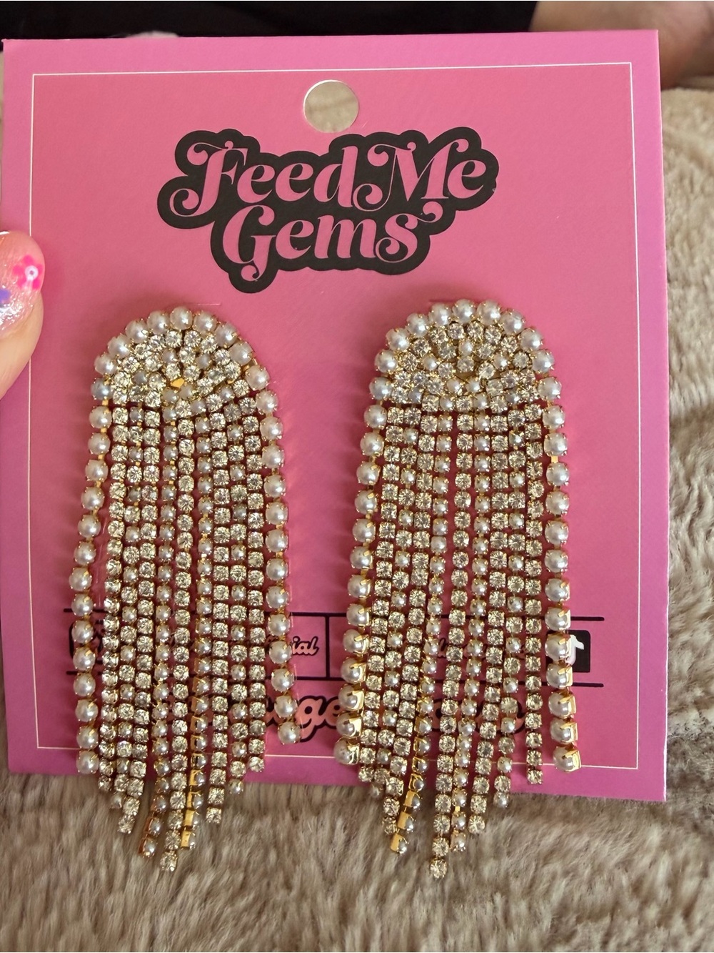 Feed Me Gems Gold & Pearl Fringe Rhinestone Statement Earrings